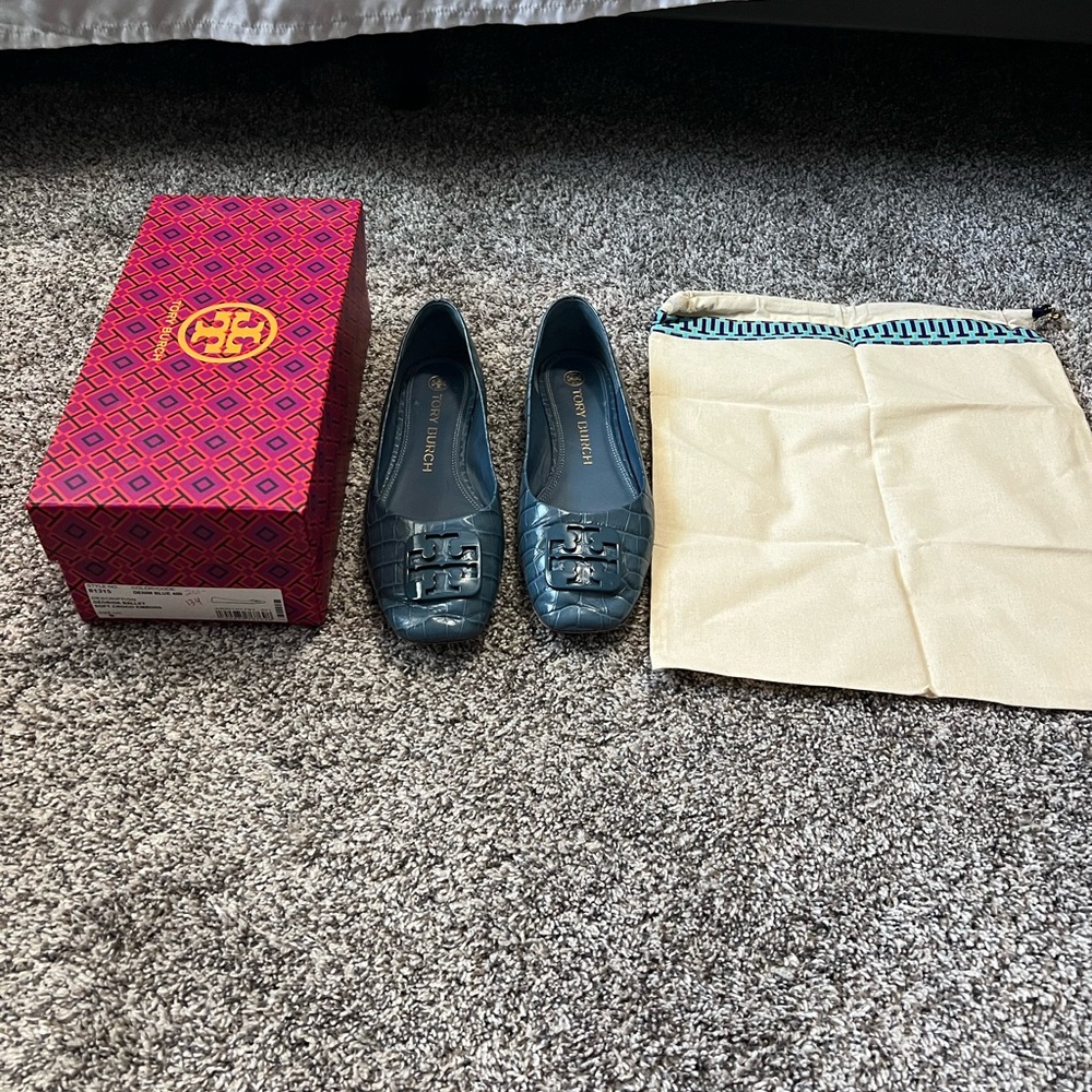 Tory Burch Georgia Ballet Flats in Denim Blue Color with Croc-Embossed